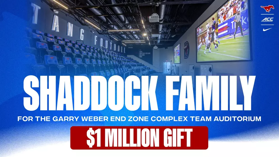 Graphic that says Shaddock Family for the Garry Weber End Zone Complex Team Auditorium: $1 Million Gift